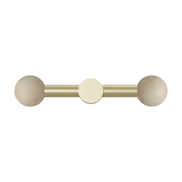 Rigoberta Duo Direct Alabaster Globe Wall Light in gold, featuring a straight iron bar with a round central disc and an alabaster globe at each end, shown on a plain white background.