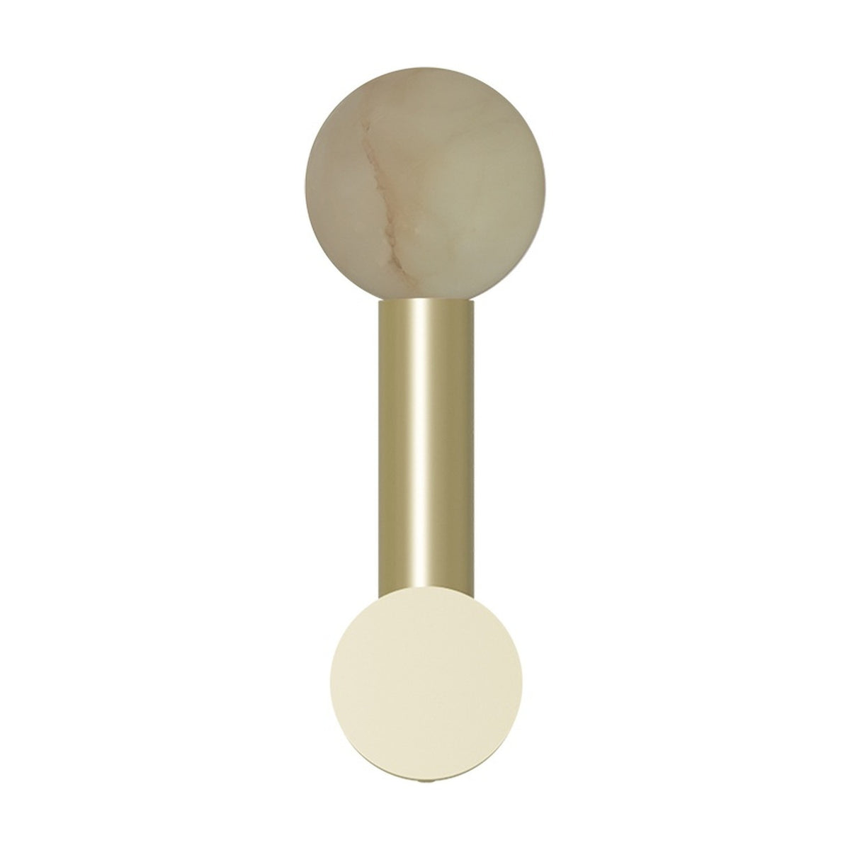Rigoberta wall light with an alabaster globe atop a slim gold stem and round gold wall disc, shown on a plain white background.