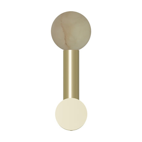 Rigoberta wall light with an alabaster globe atop a slim gold stem and round gold wall disc, shown on a plain white background.