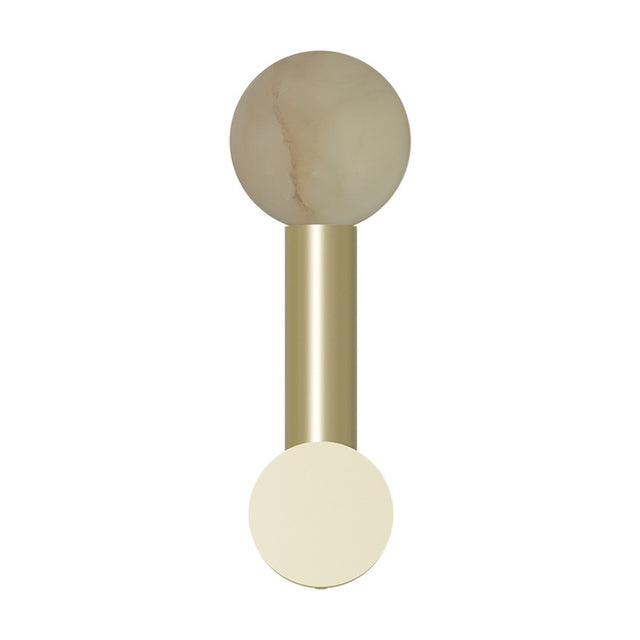 Rigoberta wall light with an alabaster globe atop a slim gold stem and round gold wall disc, shown on a plain white background.