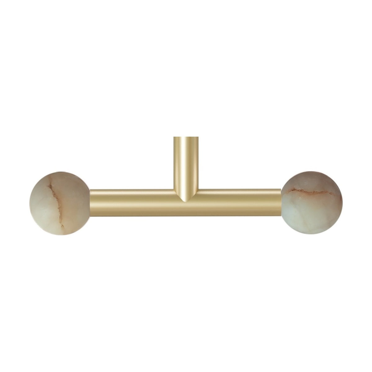 Rigoberta Trio Alabaster Globe Pendant Light in gold, featuring a horizontal gold bar with two cream alabaster globes and a central drop stem, shown on a white background.