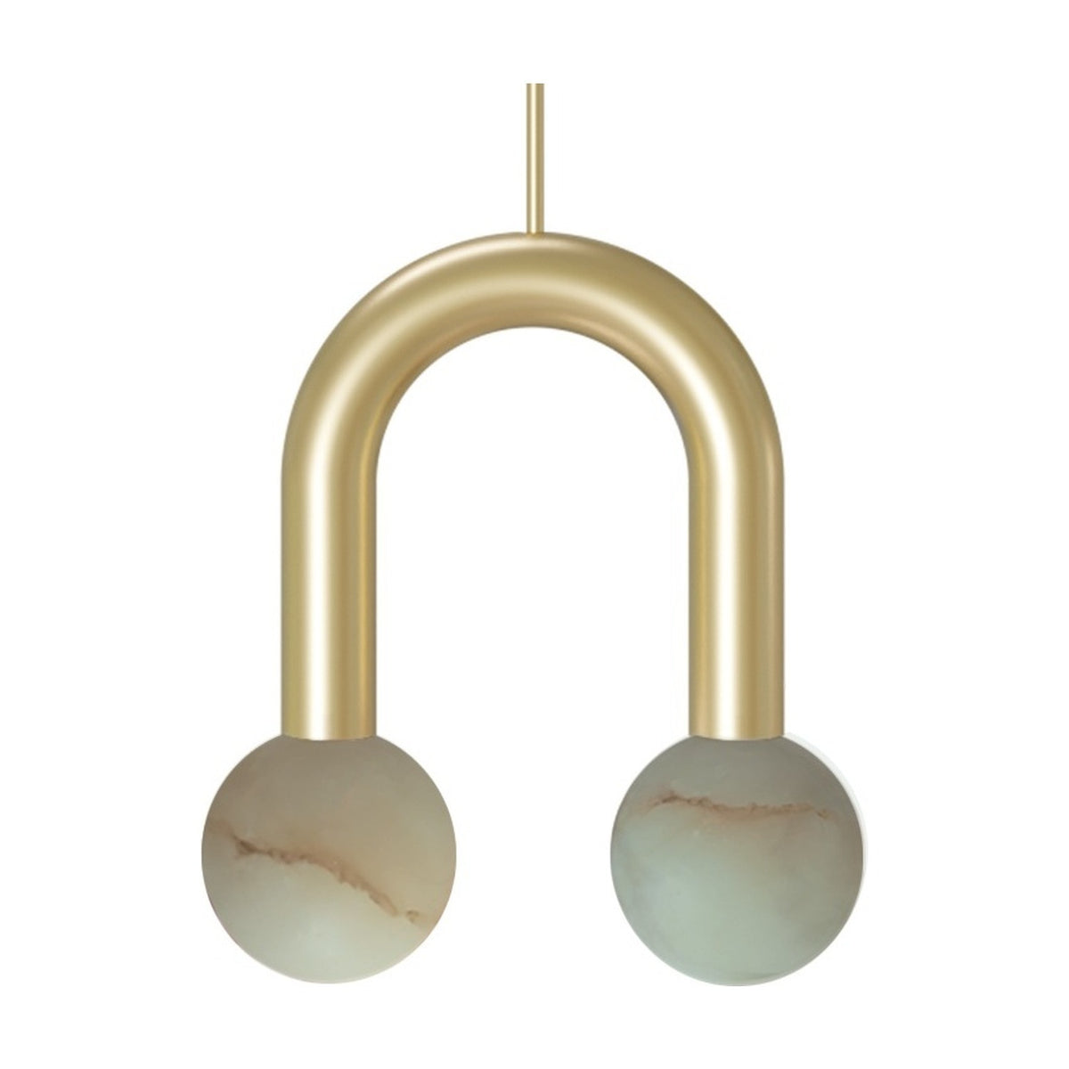 Rigoberta Super Curved 2 Light Alabaster Globe Pendant in gold, a U-shaped arm holding two alabaster spheres at matching height, shown on a plain white background.