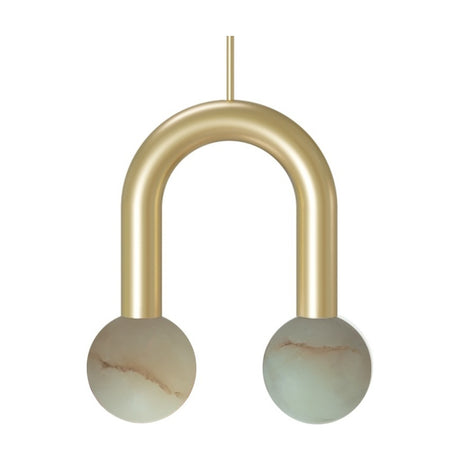 Rigoberta Super Curved 2 Light Alabaster Globe Pendant in gold, a U-shaped arm holding two alabaster spheres at matching height, shown on a plain white background.