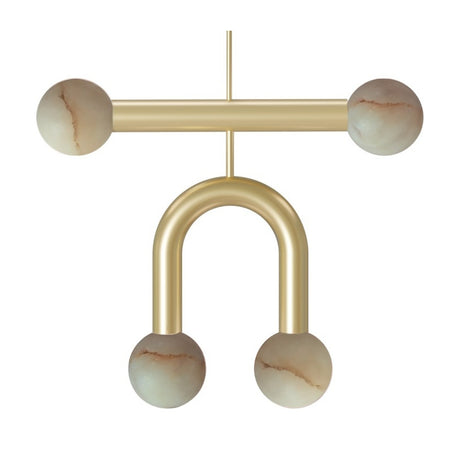 Rigoberta Duo pendant light with four alabaster globes on a gold frame, two on a straight bar and two on a curved U-arm, shown on a plain white background.