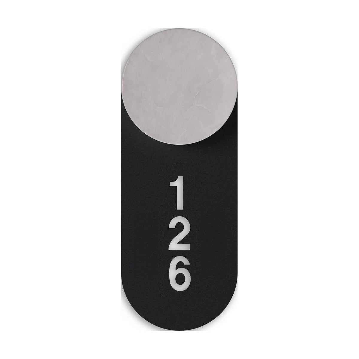 Rock Signage Tag for wall light in matt black iron, a rounded vertical plate with cut-out "126" numbering, shown behind a round light head on a white background.