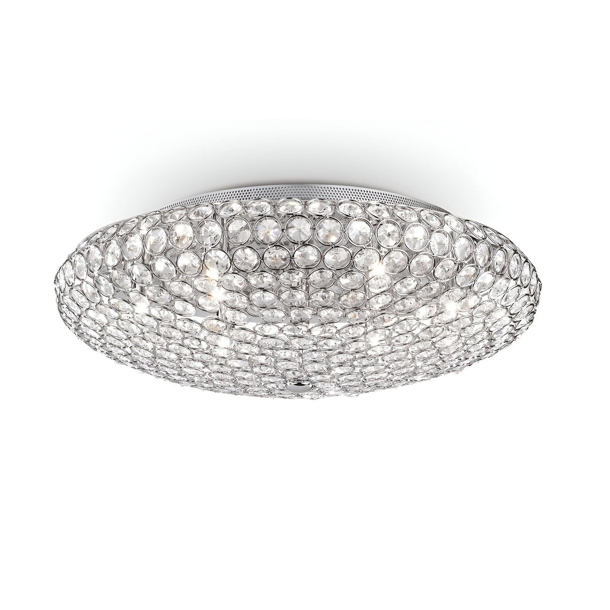 The Queen 9 Light Crystal Ceiling & Wall Light in chrome showcases a sleek design adorned with numerous small, clear crystals, creating a sparkling and elegant appearance. When illuminated, this crystal ceiling light casts a bright glow throughout the room.