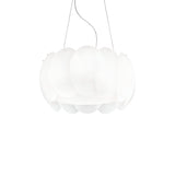 The Nero 5 Light Pendant - White features a contemporary circular design with overlapping acid-etched glass discs. It is suspended by adjustable cables, giving it the appearance of floating against a plain white backdrop.