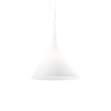 The Vesper 1 Light Large Pendant - White is a piece of modern lighting art, showcasing a minimalist white conical shade crafted from blown glass. With its thin wire suspension and placement against a plain white background, it exemplifies elegance and simplicity.