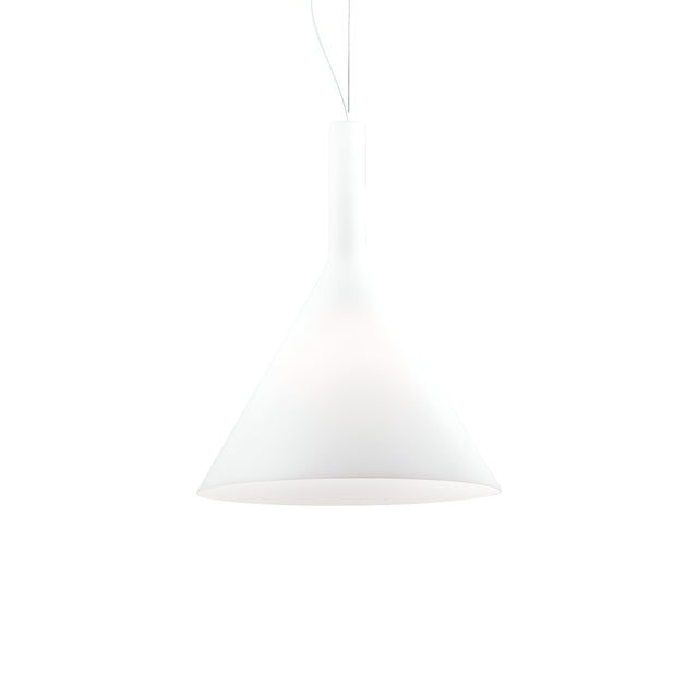 The Vesper 1 Light Large Pendant - White is a piece of modern lighting art, showcasing a minimalist white conical shade crafted from blown glass. With its thin wire suspension and placement against a plain white background, it exemplifies elegance and simplicity.