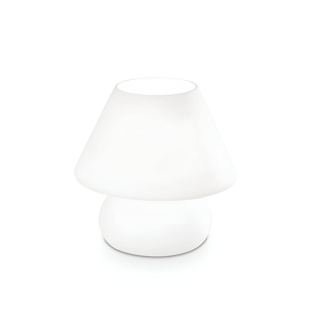 The Prato Large Table Lamp - White is a contemporary piece featuring a sleek design with a smooth conical shade and rounded base crafted from white blown glass, set against a plain white background, radiating modern elegance.