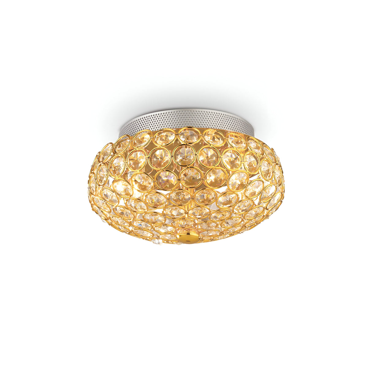 The Queen 3 Light Crystal Ceiling & Wall Light in Gold features a round, jewel-like appearance with textured circular patterns. Its metallic base adds to its luxurious lighting vibe, softly glowing to bring elegance to any room.