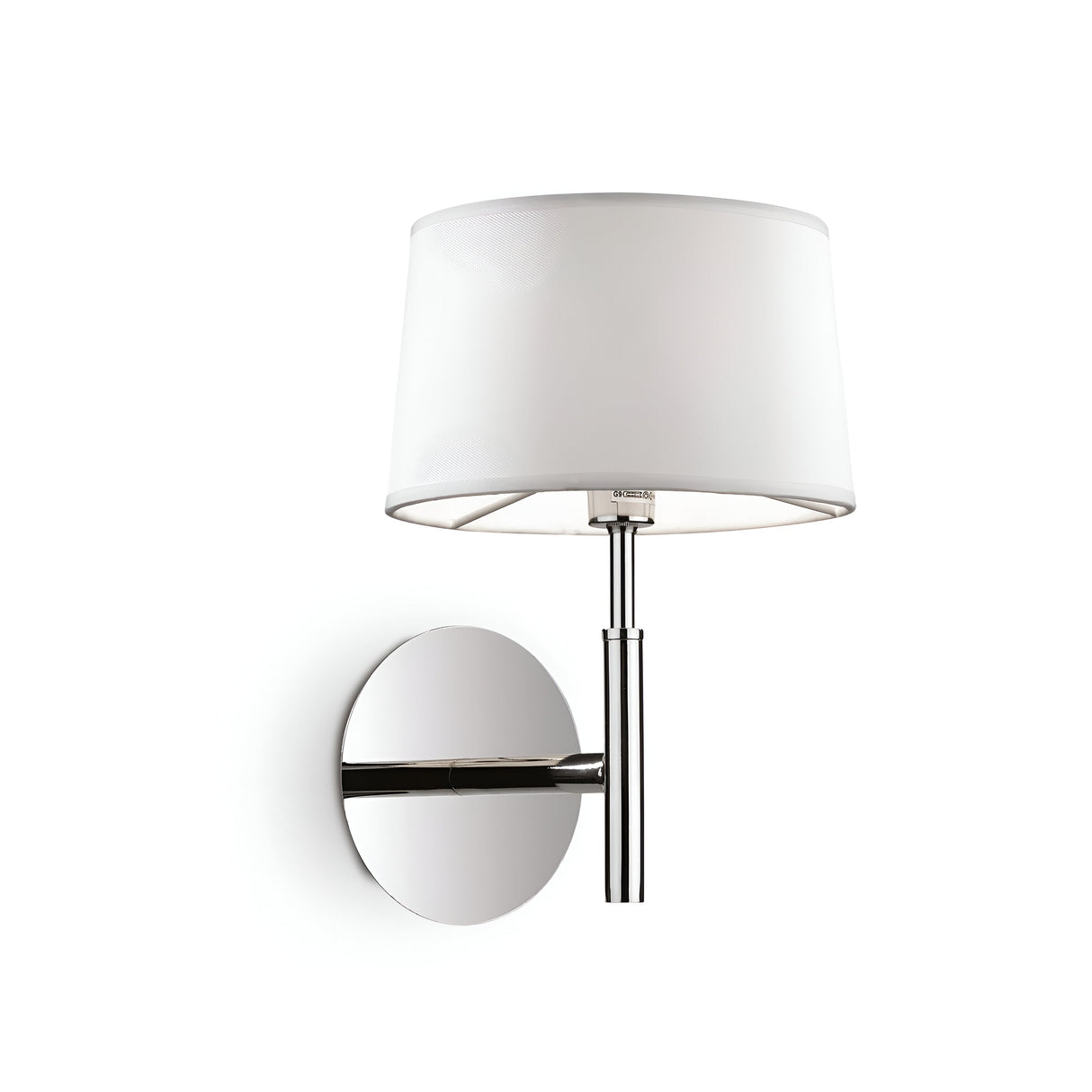 Introducing the Satin Wall Light - White, crafted with a sleek chrome frame and a white cylindrical lampshade. Its minimalist design, attached to a round base, provides the ideal accent of contemporary lighting.