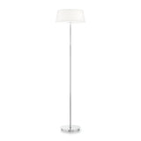 Introducing the Satin Floor Lamp - Silver/White, boasting a stylish chrome stand paired with a chic white lampshade. It features an elegant round base, slender pole, and embodies a modern minimalist design with a diameter of 405mm. Compatible with bulb type E14, it stands gracefully on a pristine white background.