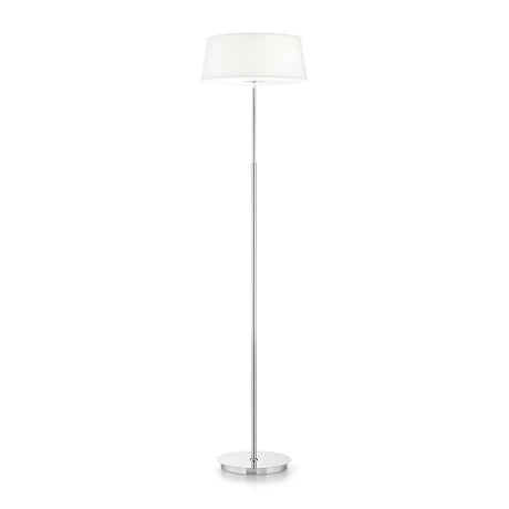 Introducing the Satin Floor Lamp - Silver/White, boasting a stylish chrome stand paired with a chic white lampshade. It features an elegant round base, slender pole, and embodies a modern minimalist design with a diameter of 405mm. Compatible with bulb type E14, it stands gracefully on a pristine white background.