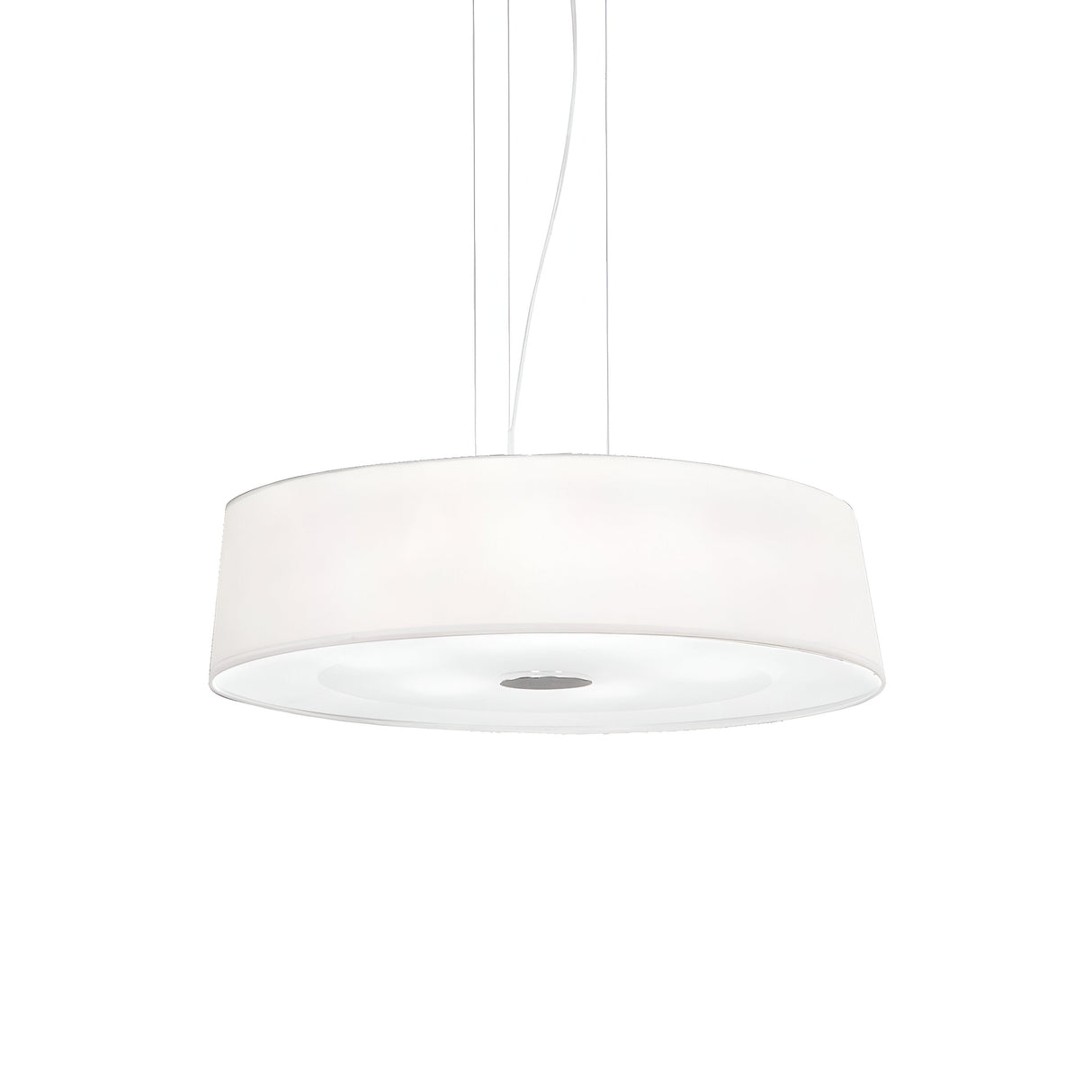 Introducing the Satin 4 Suspension Light - White, featuring a sleek chrome frame and a modern design. Its circular, drum-shaped shade is suspended elegantly from a cord, providing a minimalist aesthetic that beautifully complements its white background.
