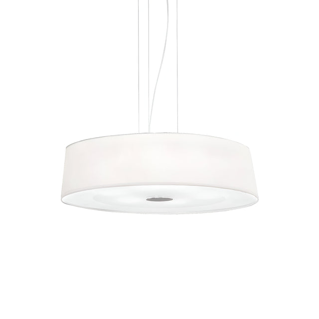 Introducing the Satin 4 Suspension Light - White, featuring a sleek chrome frame and a modern design. Its circular, drum-shaped shade is suspended elegantly from a cord, providing a minimalist aesthetic that beautifully complements its white background.