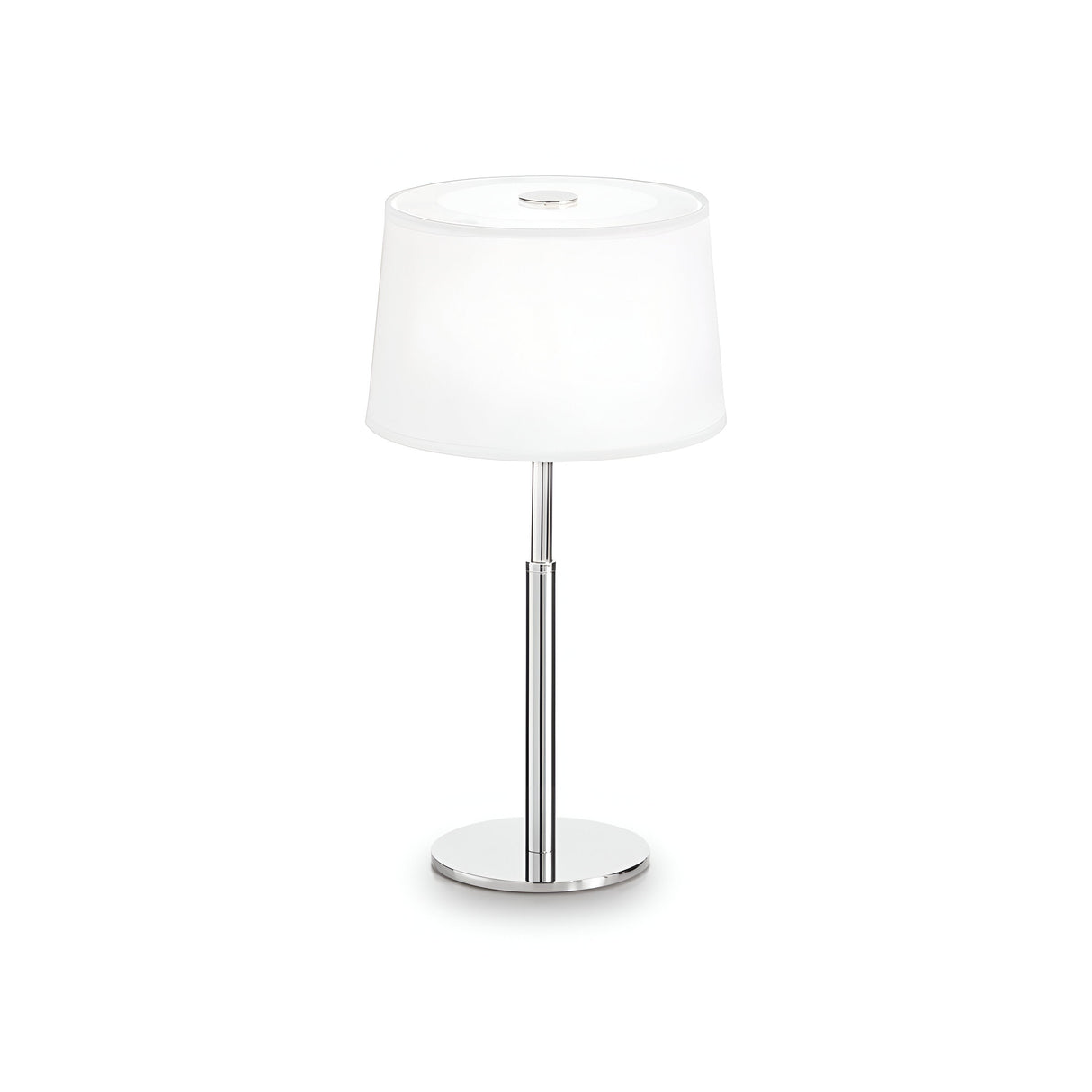 Introducing the Satin Small Table Lamp - White, showcasing a minimalist design with a sleek cylindrical white shade and a shiny silver base on a circular platform. Its modern sophistication makes it an ideal choice for contemporary interiors.