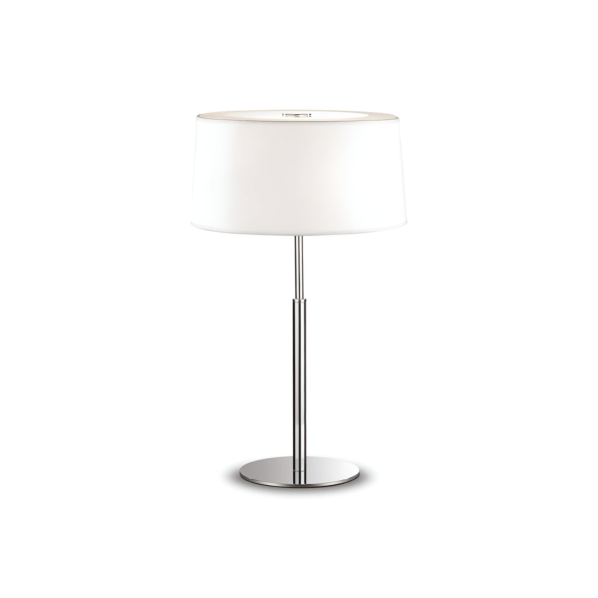 The Satin Large Table Lamp - White features a sleek modern design with a white cylindrical shade and a polished chrome frame. Its glass diffuser softly illuminates any room, and its stylish base stands elegantly against a plain white background.