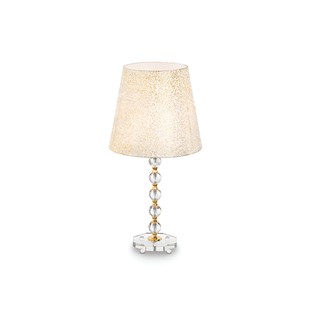 Introducing the Princess Large Crystal Table Lamp - Gold, featuring a quilted pattern lampshade and a transparent, spherical glass base. It is elegantly accented with a delicate gold metal frame resting on a hexagonal platform.