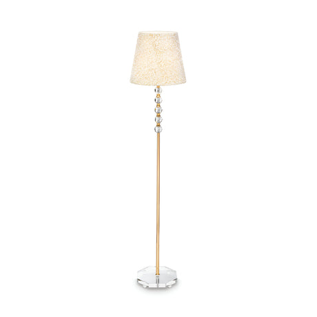 Introducing the Princess Crystal Floor Lamp - Gold, with a stunning gold metal stand and crystal-like embellishments under a cream-colored textured lampshade. The octagonal base, resembling cut crystal, offers an exquisite touch to any room.