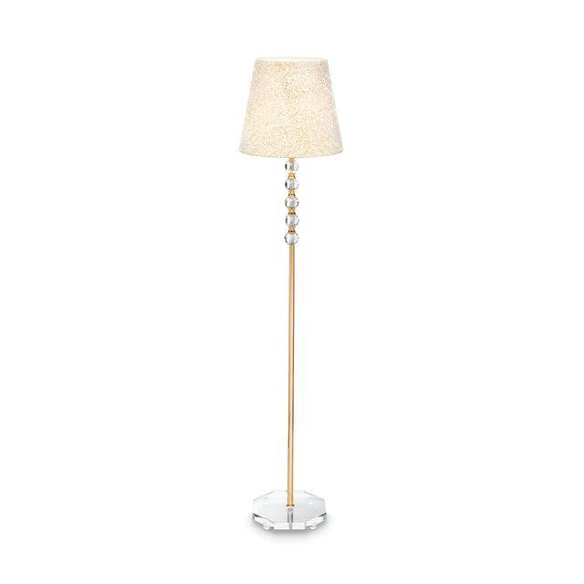 Introducing the Princess Crystal Floor Lamp - Gold, with a stunning gold metal stand and crystal-like embellishments under a cream-colored textured lampshade. The octagonal base, resembling cut crystal, offers an exquisite touch to any room.