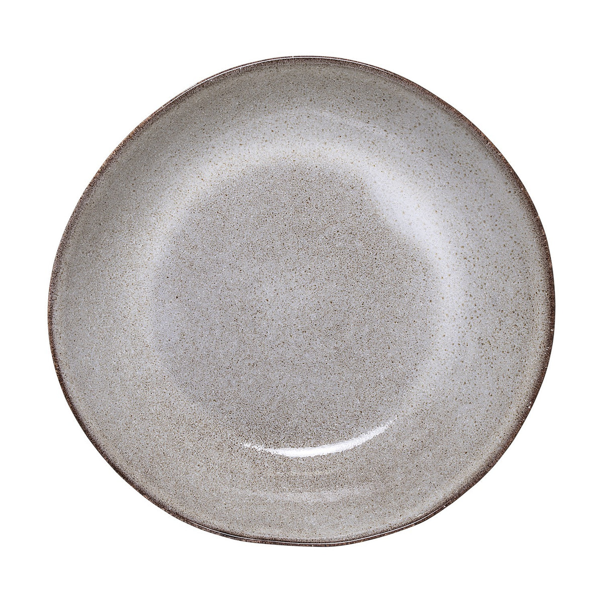 Sandrine stoneware deep plate in light grey, speckled reactive glaze with a darker rim and gently uneven edge, shown on a plain white background.