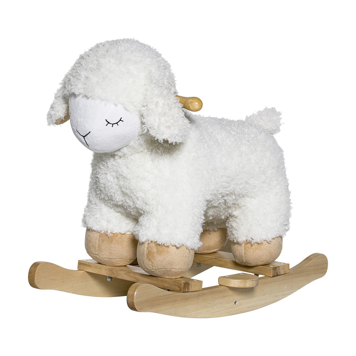 Laasrith Rocking Sheep in white, a curly fabric ride-on toy with sleepy stitched eyes, floppy ears, tan hooves and wooden rockers, shown on a plain white background.