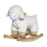 Laasrith Rocking Sheep in white, a curly fabric ride-on toy with sleepy stitched eyes, floppy ears, tan hooves and wooden rockers, shown on a plain white background.