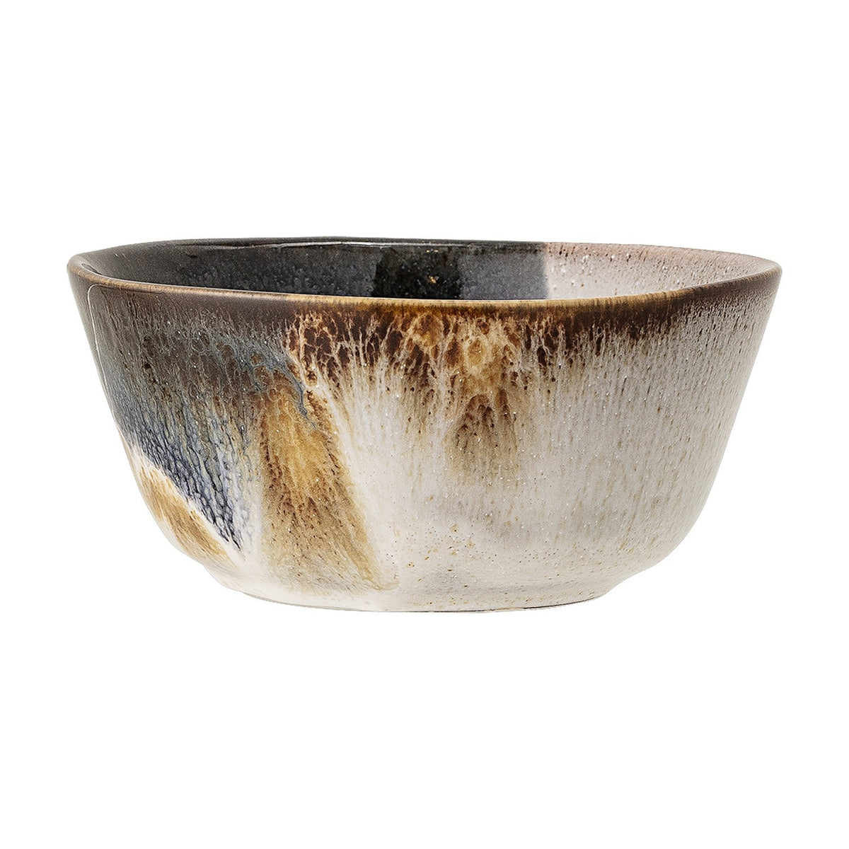 Jules Stoneware Bowl 13cm in Multi, a round ceramic bowl with a glossy reactive glaze showing black, brown, and cream drips, shown on a plain white background.