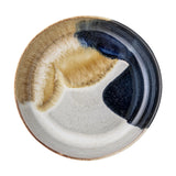 Jules Crackle Stoneware Bowl 25cm in Multi, a wide shallow dish with mustard, navy, and grey reactive crackle glaze bands, shown on a plain white background.