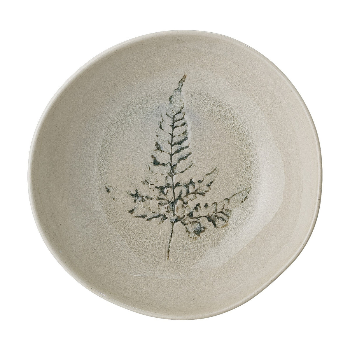 Bea Crackle Stoneware Deep Plate in cream, round stoneware tableware with a crackled glaze finish and fern leaf motif at the centre, shown on a plain white background.