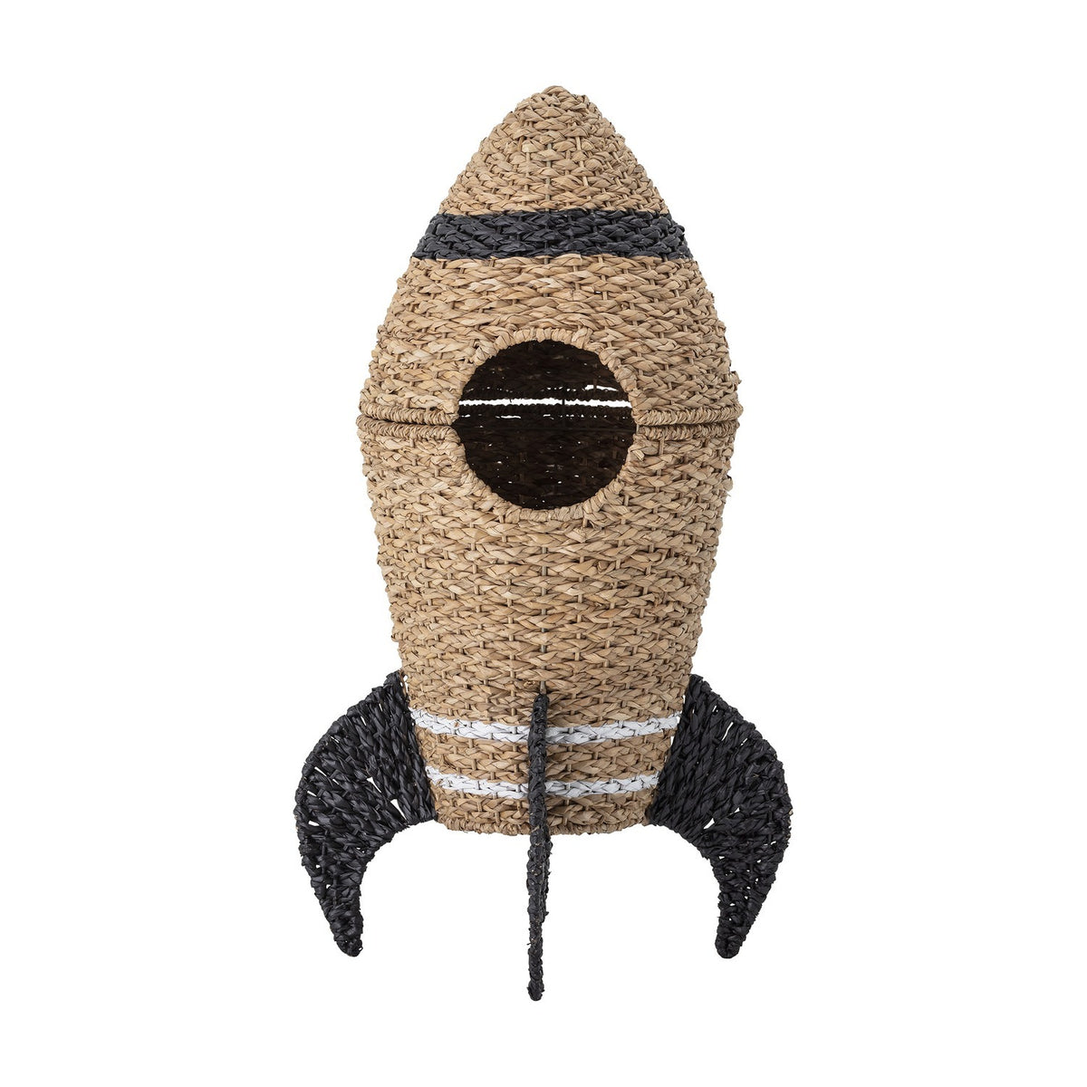 Cosmina Rocket Seagrass Basket with Lid in natural woven seagrass and rattan, featuring a dark window, black fins, and a lift-off nose cone lid, shown on a plain white background.