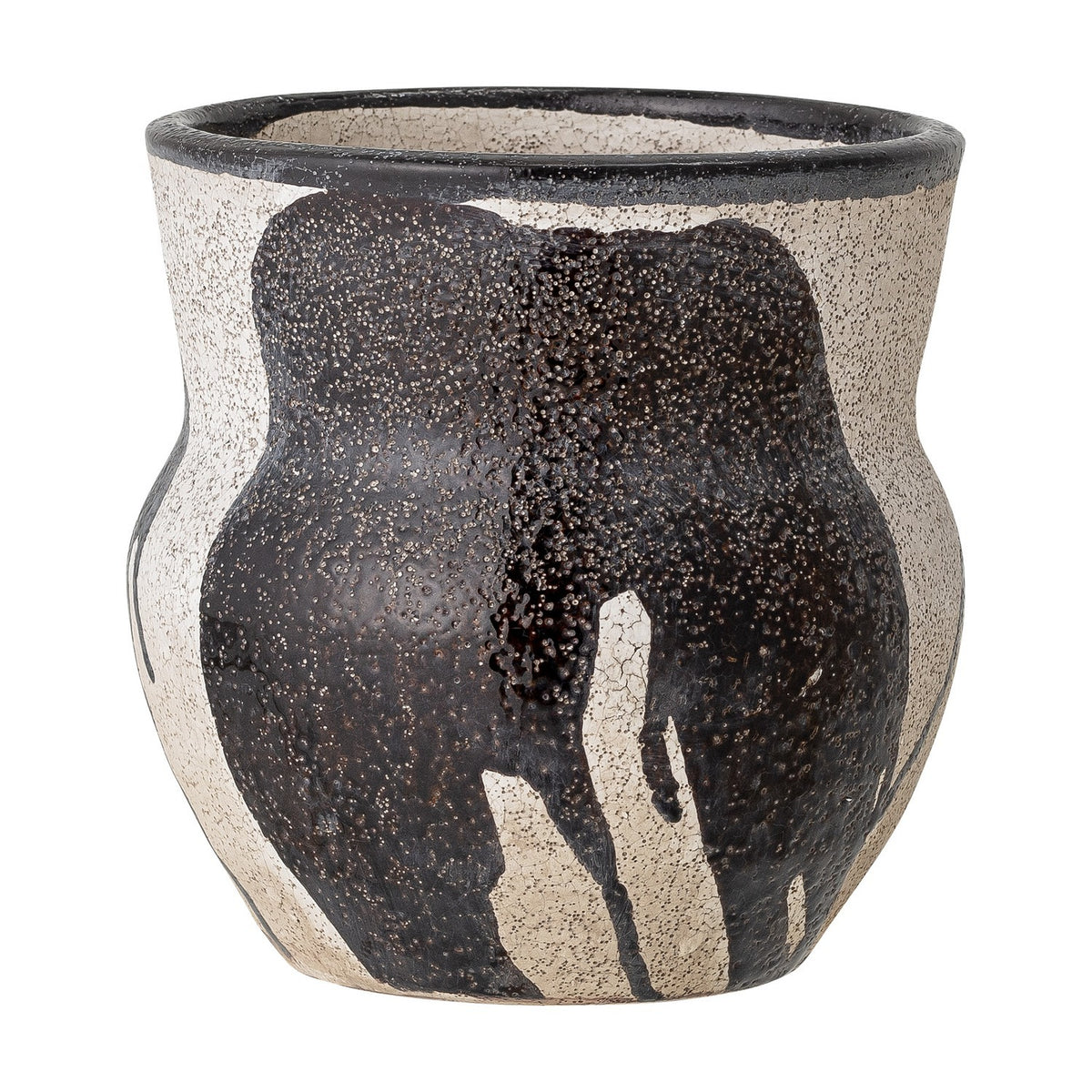 Nala Terracotta Plant Pot in black, a rounded vessel with pinched neck and flared rim, speckled sandy clay with hand-painted black leaf-like strokes, shown on a plain white background.