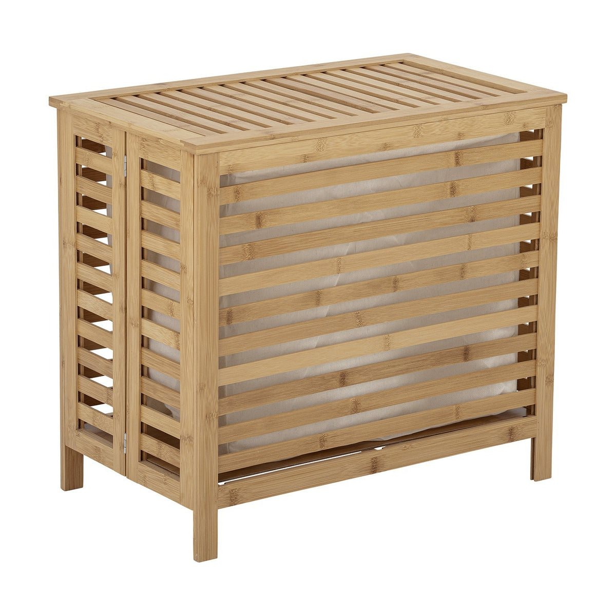Aden Bamboo Laundry Basket in natural bamboo, a slatted cabinet-style hamper with hinged slatted lid, visible cotton liner, and tapered legs, shown on a plain white background.