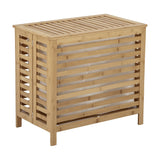 Aden Bamboo Laundry Basket in natural bamboo, a slatted cabinet-style hamper with hinged slatted lid, visible cotton liner, and tapered legs, shown on a plain white background.