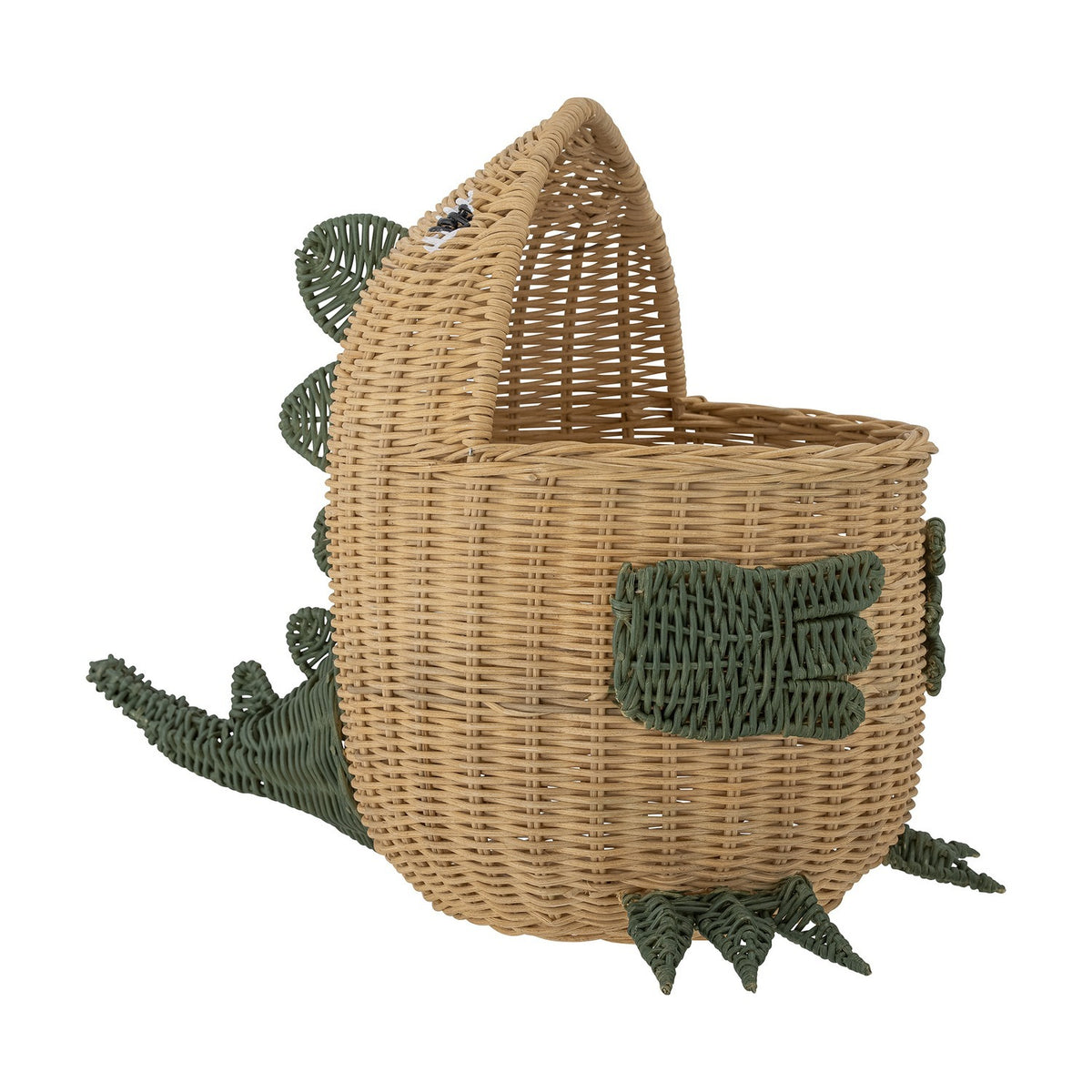 Eddi Dinosaur Rattan Basket in natural woven rattan with green spines, arm, and clawed feet, shaped like a dinosaur with raised head and sweeping tail, shown against a plain white background.