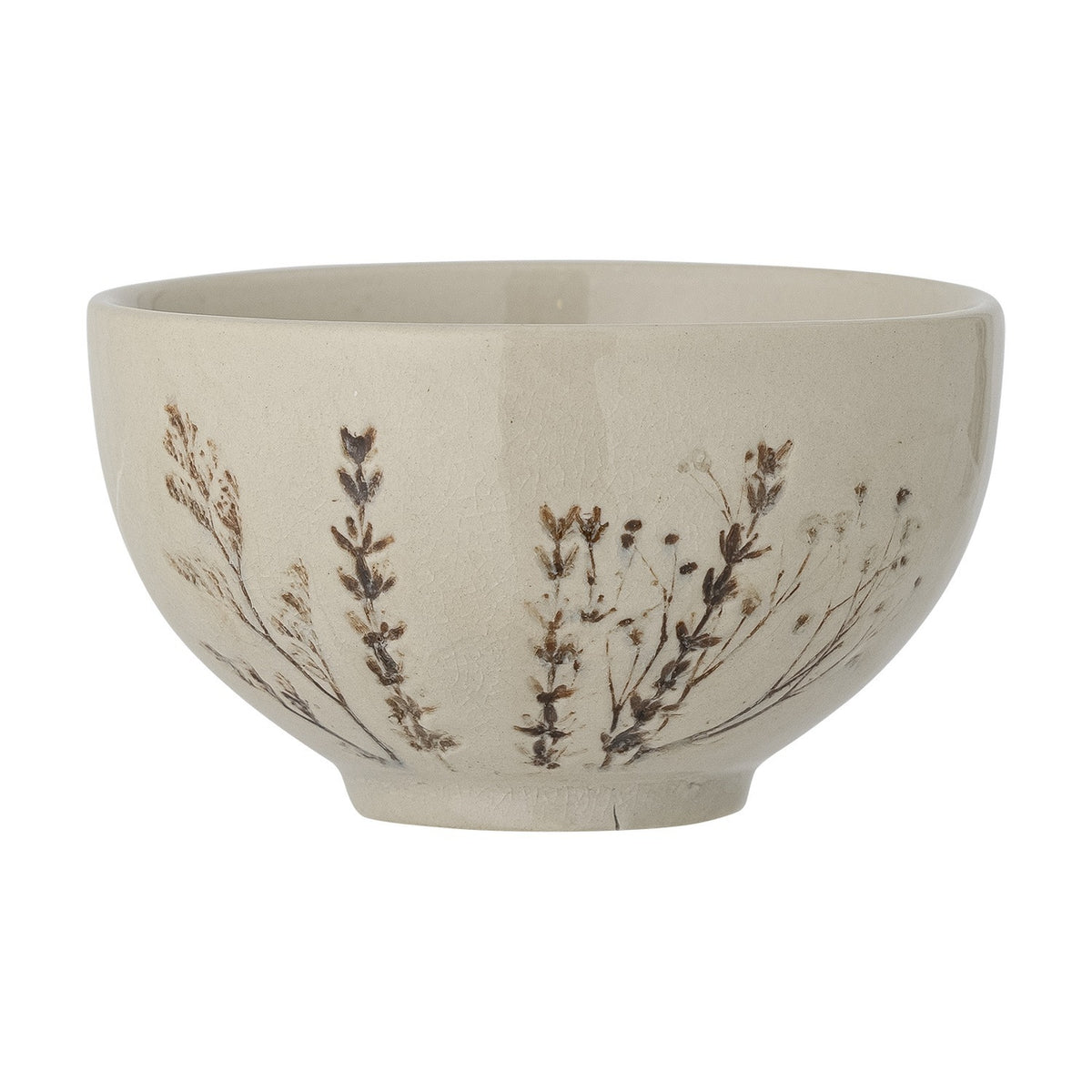 Bea Floral Stoneware Bowl 11.5cm in beige, a small footed ceramic bowl with a fine sprig floral motif around the exterior and a plain interior, shown on a white background.