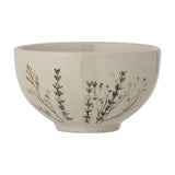 Bea Floral Stoneware Bowl 11.5cm in beige, a small footed ceramic bowl with a fine sprig floral motif around the exterior and a plain interior, shown on a white background.
