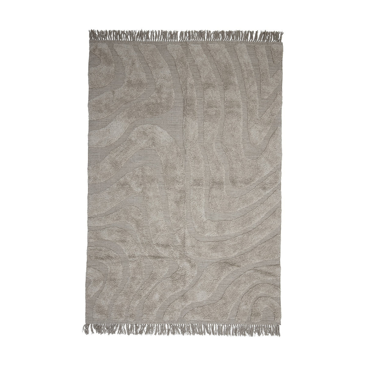 Elaine Wavy Cotton Rug in natural, 210x150cm, with raised wavy woven texture and fringed edges, shown flat on a plain white background.