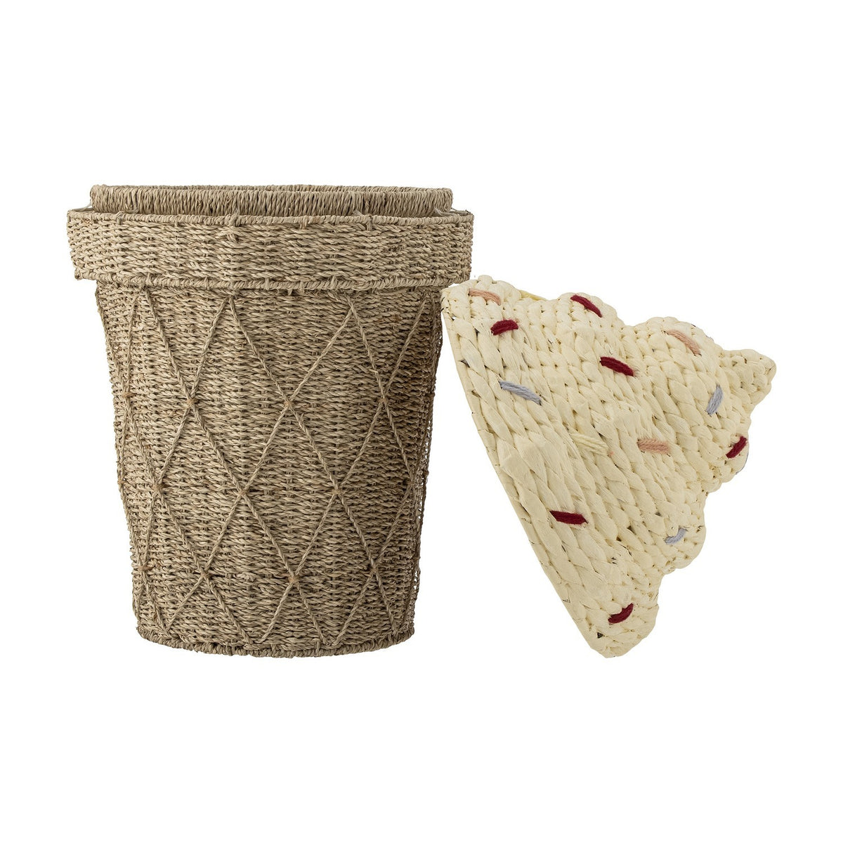 Cillie Seagrass Basket with Lid 72cm in Natural, an ice-cream-cone shaped storage basket with a criss-cross cord rim and a stitched, sprinkle-dotted swirl lid, shown on a white background.