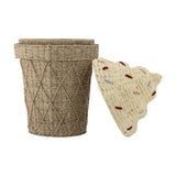 Cillie Seagrass Basket with Lid 72cm in Natural, an ice-cream-cone shaped storage basket with a criss-cross cord rim and a stitched, sprinkle-dotted swirl lid, shown on a white background.