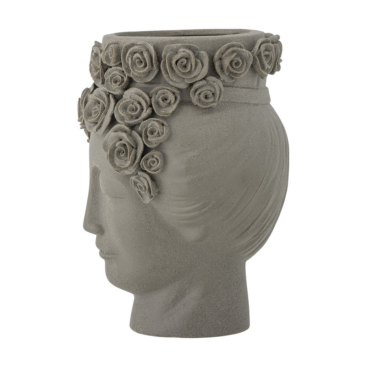 Grey stoneware Akira vase, 30cm, shaped as a woman's head with closed eyes, a raised rose crown at the rim, matt grainy finish, on a plain white background.