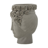 Grey stoneware Akira vase, 30cm, shaped as a woman's head with closed eyes, a raised rose crown at the rim, matt grainy finish, on a plain white background.
