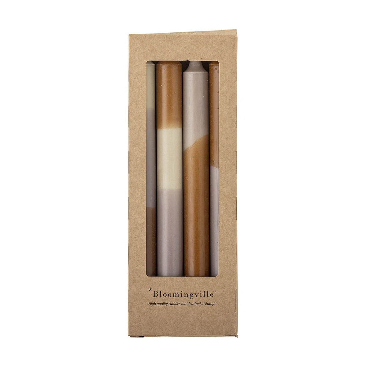Dip Dye Fluted Candles Pack of 4 in multicoloured paraffin shown in kraft packaging with a window, each slim taper featuring different dip-dye colour bands.