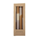 Dip Dye Fluted Candles Pack of 4 in multicoloured paraffin shown in kraft packaging with a window, each slim taper featuring different dip-dye colour bands.