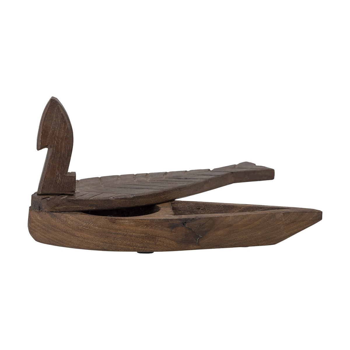 Hamida fish-shaped wooden storage box with lid in brown, carved chevron scale lines and notched tail, upright fin-like piece at one end, shown open on a plain white background.