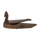 Hamida fish-shaped wooden storage box with lid in brown, carved chevron scale lines and notched tail, upright fin-like piece at one end, shown open on a plain white background.