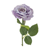 Artificial rose stem with a single open purple bloom featuring layered ruffled petals, a green leafy spray, and visible stem, shown against a plain white background.