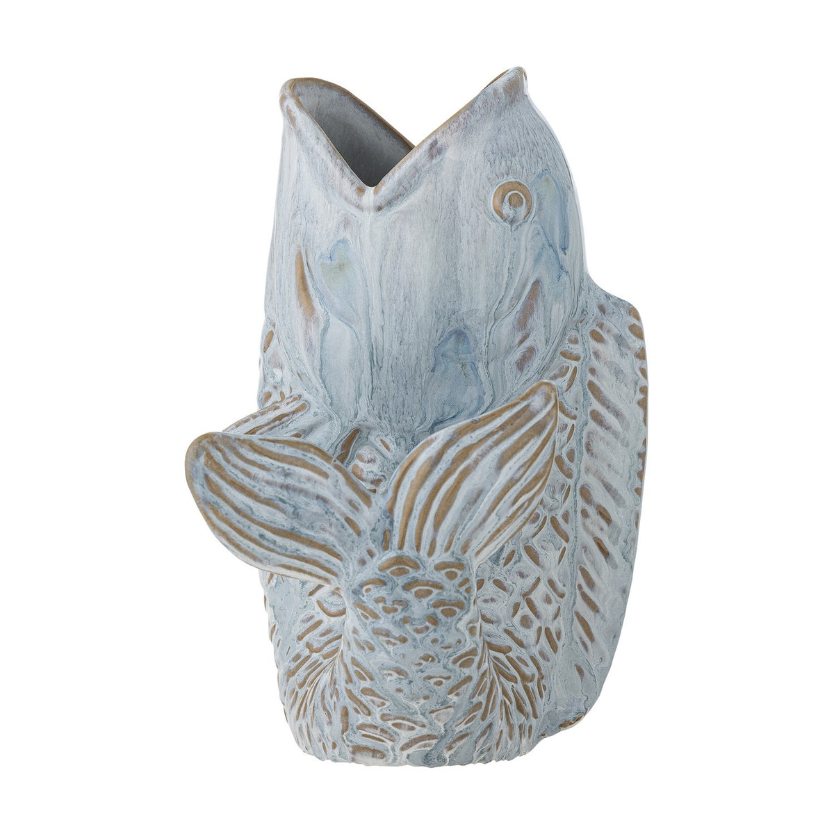 Hiro Fish Stoneware Vase 21cm in Blue, shaped like a leaping fish with open mouth forming the neck, relief scales and ribbed fins, curled tail base, on a plain white background.