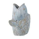 Hiro Fish Stoneware Vase 21cm in Blue, shaped like a leaping fish with open mouth forming the neck, relief scales and ribbed fins, curled tail base, on a plain white background.